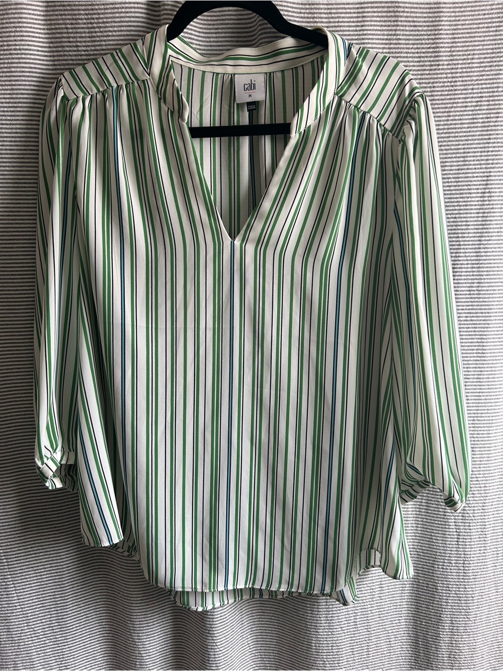 CAbi White Blouse with Green & Navy Stripes